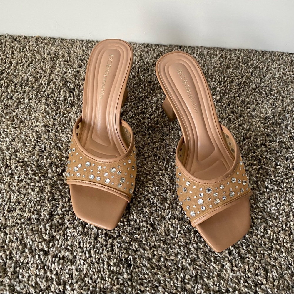 BCBG generation Beige Embellished Slide Heels